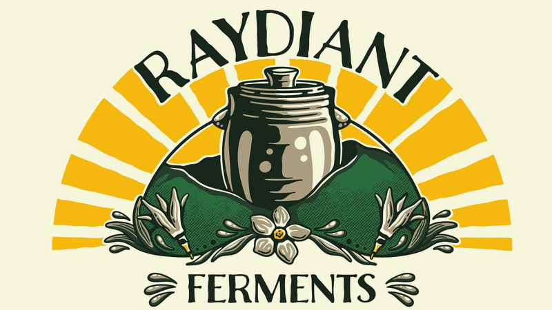 Raydiant Ferments — fermentation crock with sun rays, mountains, and botanical elements